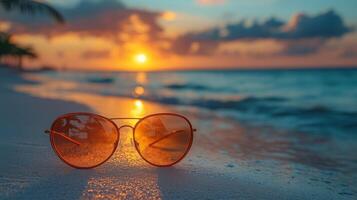 Sunglasses resting on the beach as the sun sets near the water in a tropical paradise. photo
