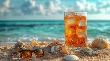 Refreshing drink sits on sandy beach with shells and ocean waves in the background during sunny day. photo