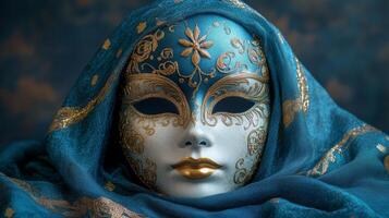 Beautiful blue mask with golden embroidery and elegant scarf displayed against a dark backdrop. photo