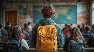 Students attending a lecture in a classic classroom with a chalkboard in the background. photo
