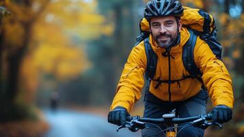 Passionate cyclist enjoying autumn ride through a scenic forest path at dusk. photo