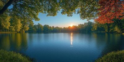 Sunrise over calm lake surrounded by lush greenery in early morning light. photo