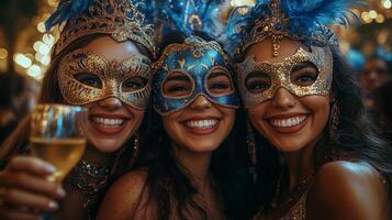 Colorful masks and joyful smiles at festive gathering with friends in a vibrant atmosphere. photo