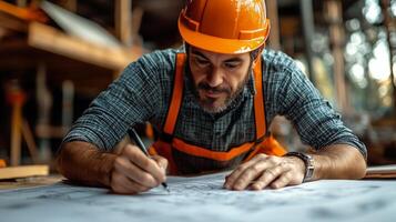 Construction worker drafts building plans at a construction site during daylight hours. photo