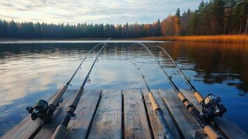 Calm fishing pier on serene lake surrounded by nature in early morning light. photo