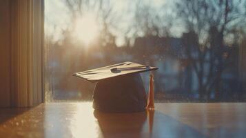 Graduation cap resting on books surrounded by lush greenery in a sunlit room photo