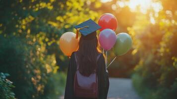 Graduation celebration with colorful balloons and proud graduate in a sunlit park photo