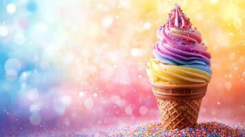 Colorful ice cream cone with rainbow sprinkles against a vibrant bokeh background photo
