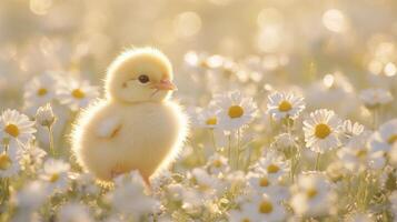 Small chick standing in a field of white flowers during a sunny afternoon photo
