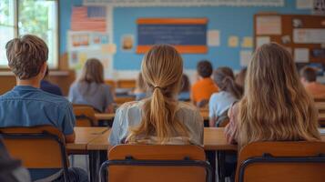 Students attentively listening during a classroom lecture in a modern learning environment. photo