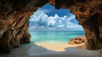 Stunning ocean view through a natural rock arch at a tranquil beach during a sunny day. photo
