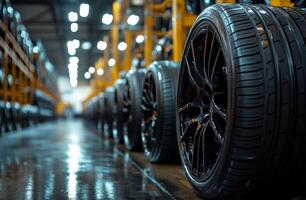 Tires stacked in a warehouse during the day highlighting storage organization and maintenance. photo