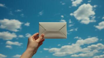Hand holding white envelope against a blue sky filled with fluffy clouds. photo