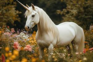 Majestic white unicorn standing gracefully among vibrant flowers in a serene forest setting photo