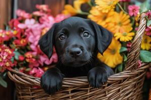 Black puppy nestled in a flower basket during a sunny afternoon at a garden photo
