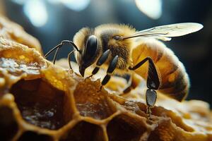 Close-up view of a bee feeding on honeycomb in a lush garden during the afternoon light photo