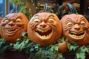 Laughing carved pumpkins create a festive atmosphere for Halloween celebrations in a cozy setting photo