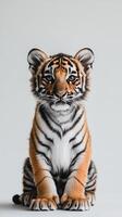 Young tiger cub sitting quietly with bright blue eyes and striking fur pattern in a neutral setting photo
