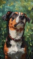 Dog portrait with a thoughtful expression in a lush green environment during daylight photo