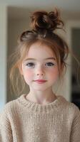 Young girl with beautiful hair and soft expression in a cozy indoor setting photo