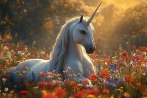 A unicorn is sitting in a field of flowers photo