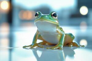 Close view of a green frog resting on a smooth surface indoors under soft natural light photo
