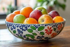 Fresh fruits in a decorative bowl on a wooden table near a sunny window photo