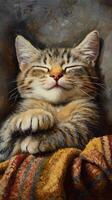 Cat relaxing peacefully with eyes closed against a dark background photo