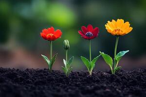 Three colorful flowers growing out of the ground photo