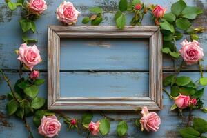 Roses and wooden frame arrangement on blue wooden surface for artistic decoration photo