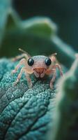Bright yellow spider resting on green leaf covered in droplets photo