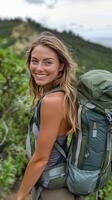 Smiling traveler with backpack enjoying a vibrant market atmosphere in a picturesque location photo