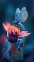 Butterfly perched on vibrant flower in lush garden at dusk photo