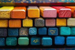 Colorful assortment of art supplies arranged in neat rows showcasing vibrant hues photo