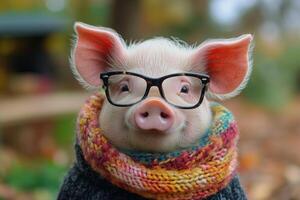 Pig wearing glasses and a colorful scarf stands in an autumn park photo