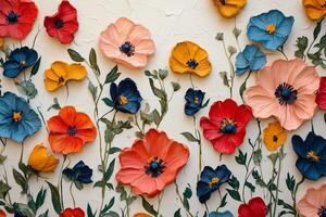 Bright and colorful artificial flowers arranged on a wall for decoration in an indoor space photo