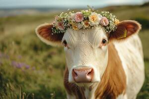 Cow adorned with floral crown in a vibrant pasture during sunset photo