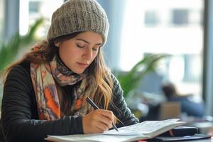 Young woman studying in a cafe during afternoon hours with a focused expression photo