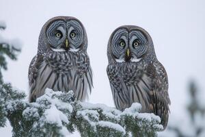 Two great gray owls perched on a snow-covered branch in a winter forest setting photo