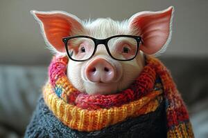 A pig wearing glasses and a scarf photo