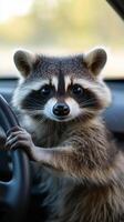 Raccoon exploring the inside of a car during daytime in a forested area photo
