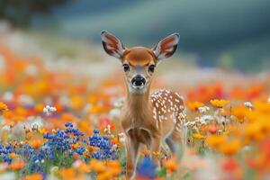 Young deer standing among vibrant orange and white wildflowers in a sunny meadow photo