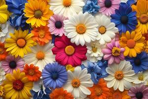 A large group of colorful flowers are arranged in a circle photo