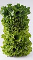 A stack of lettuce is shown on a white background photo