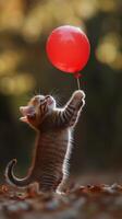 A kitten is holding a red balloon photo