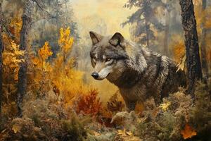 Wolf standing in a vibrant autumn forest surrounded by colorful foliage and tall trees photo