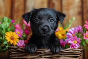 A black puppy is sitting in a basket full of flowers photo