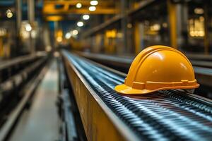 A hard hat sitting on a conveyor belt in an industrial area photo