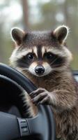 A raccoon is sitting on the steering wheel of a car photo