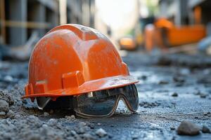 An orange hard hat and goggles laying on the ground photo